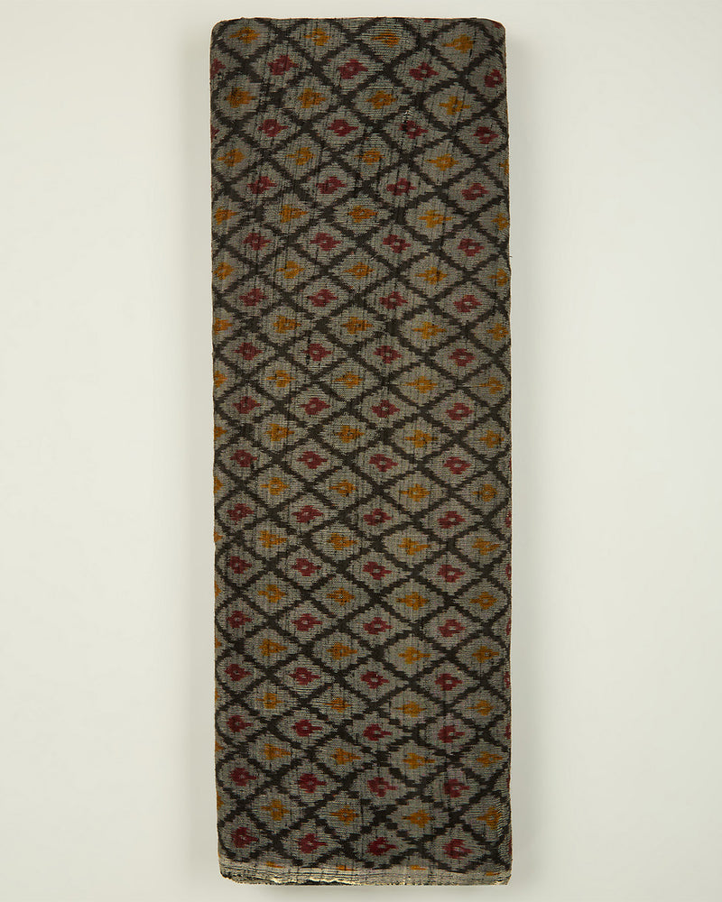 Black-Grey Raw Silk Ikat Fabric