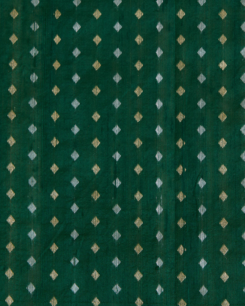Bottle Green Raw Silk Gold & Silver Diamond Woven Fabric