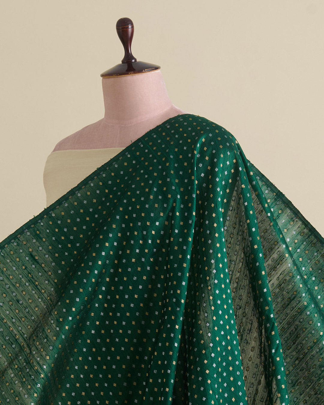 Bottle Green Raw Silk Gold & Silver Diamond Woven Fabric