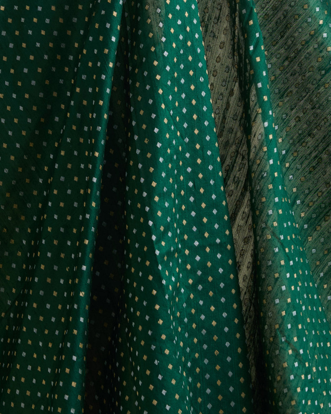 Bottle Green Raw Silk Gold & Silver Diamond Woven Fabric