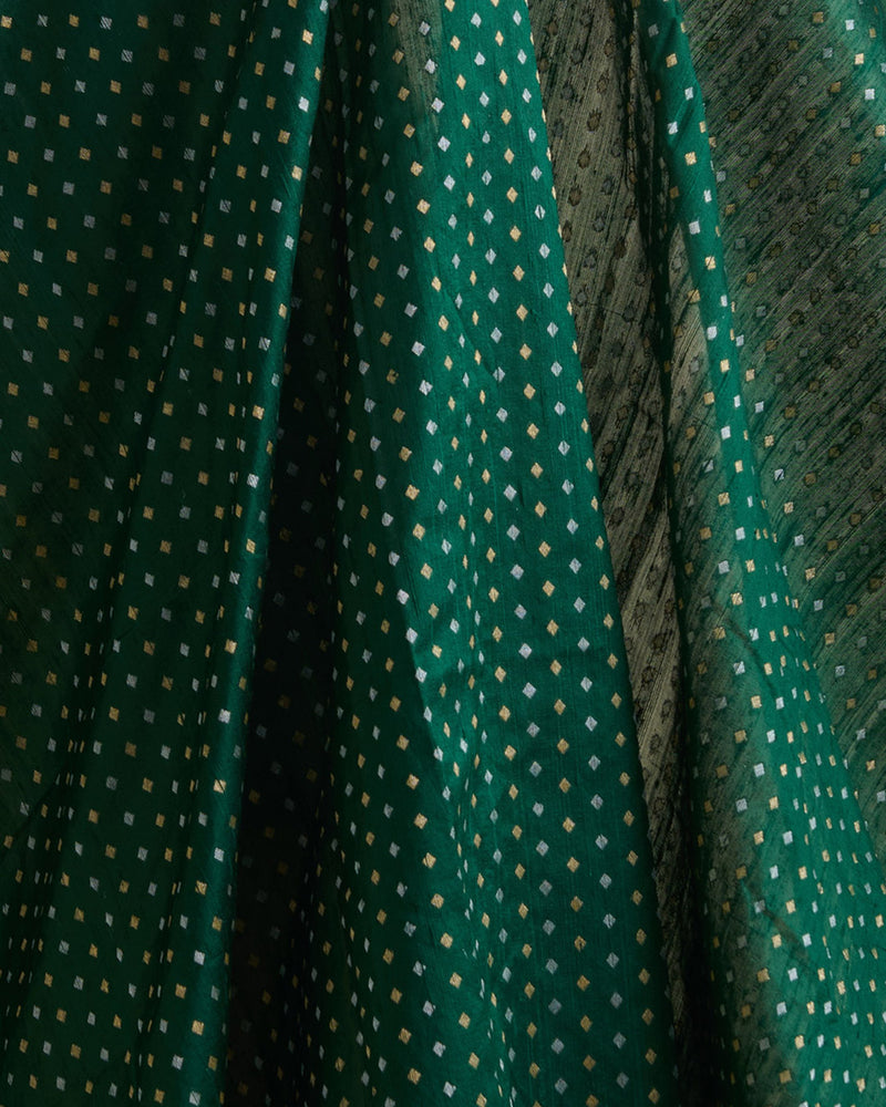 Bottle Green Raw Silk Gold & Silver Diamond Woven Fabric