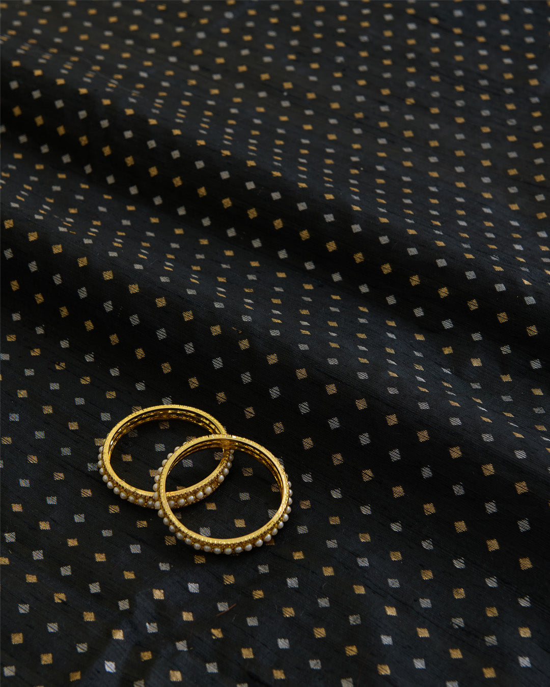 Black Raw Silk Fabric with Gold & Silver Diamond Weave