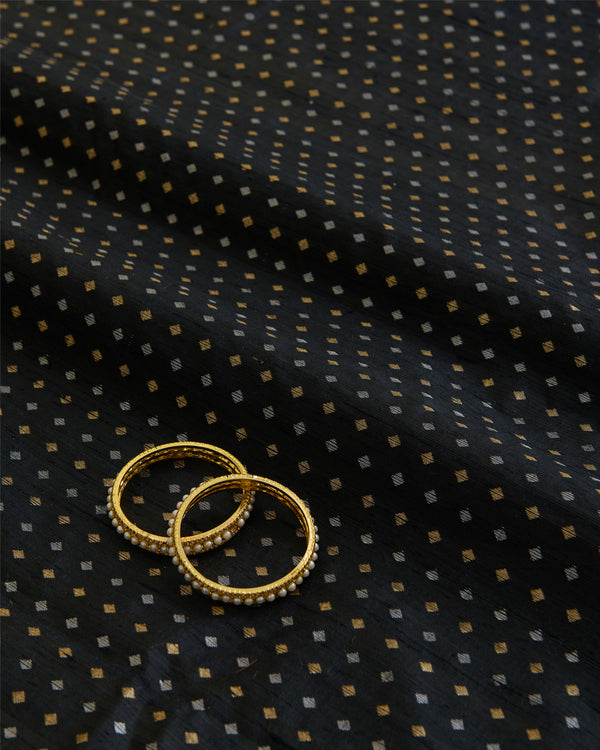 Black Raw Silk Fabric with Gold & Silver Diamond Weave