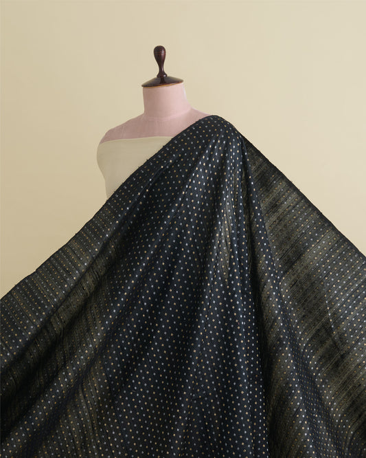 Black Raw Silk Fabric with Gold & Silver Diamond Weave