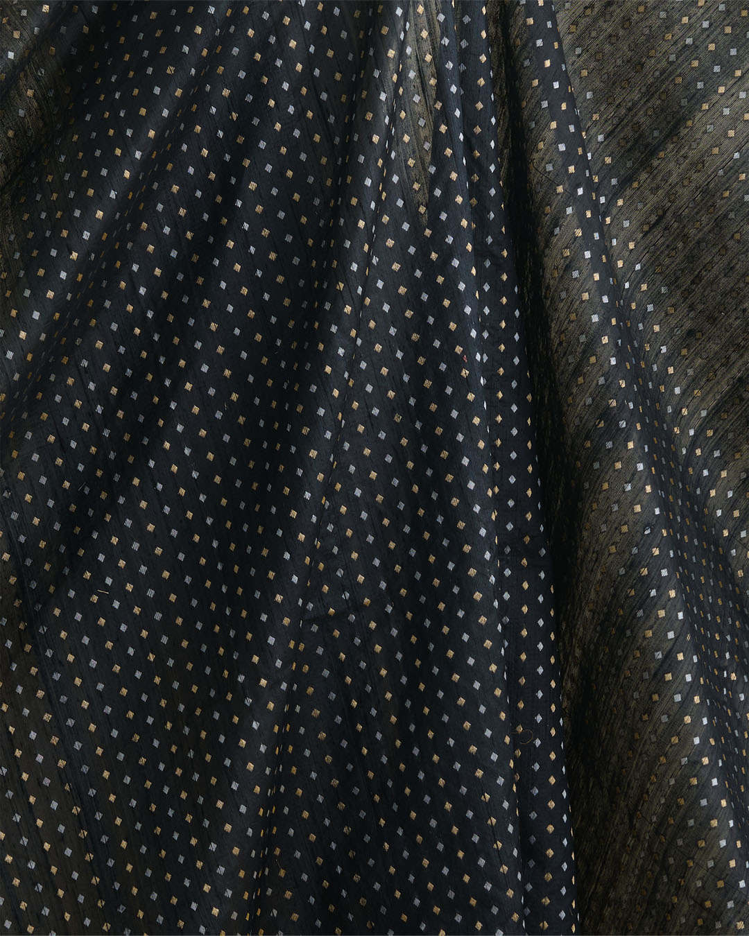 Black Raw Silk Fabric with Gold & Silver Diamond Weave