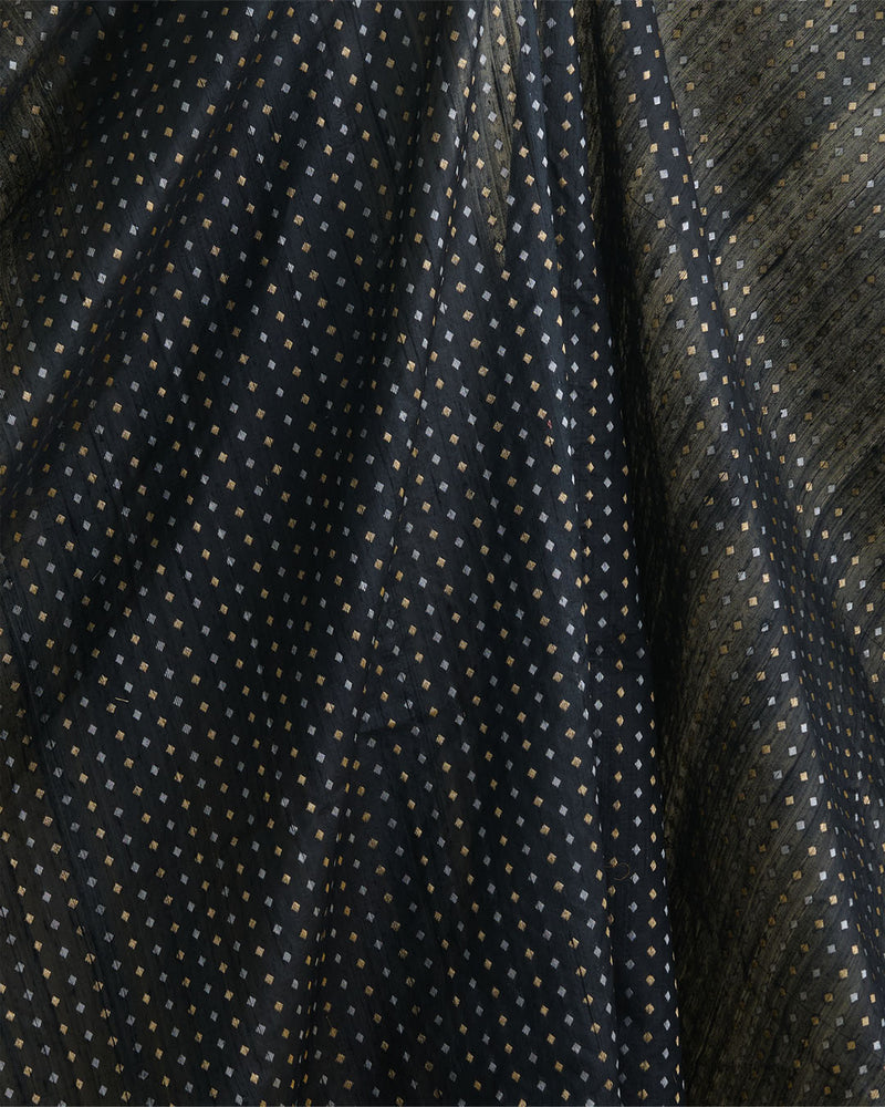 Black Raw Silk Fabric with Gold & Silver Diamond Weave