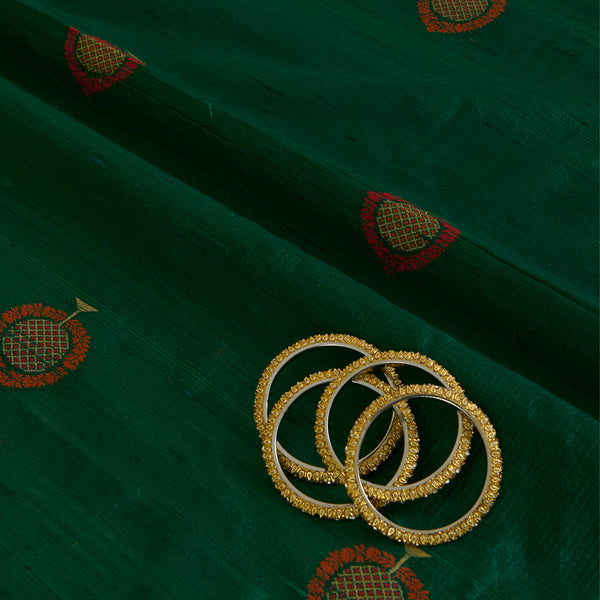Dark Green Raw Silk Handloom Mina Butta Fabric