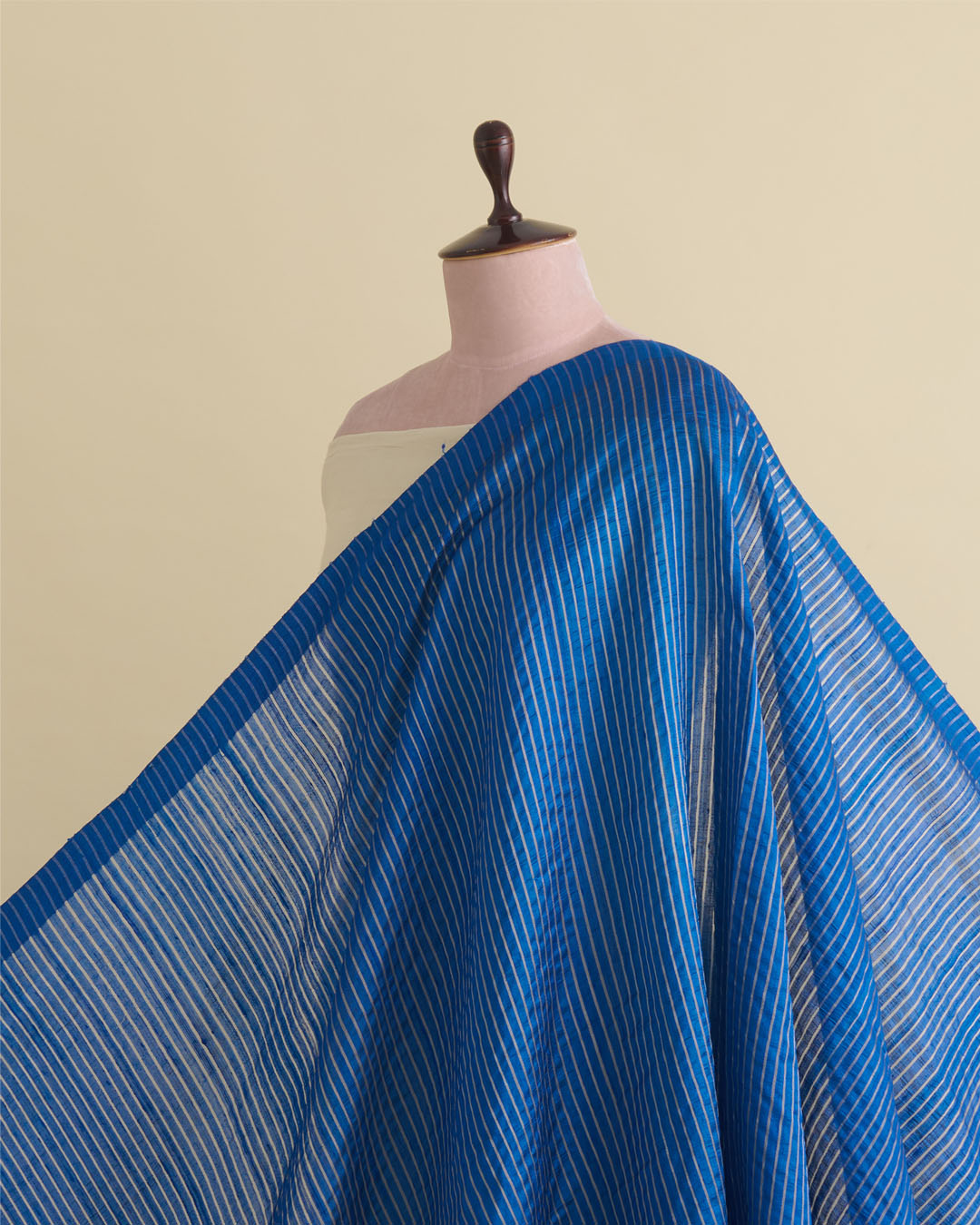 Raw Silk Midnight Blue Fabric with Silver Zari Strips & Satin Border
