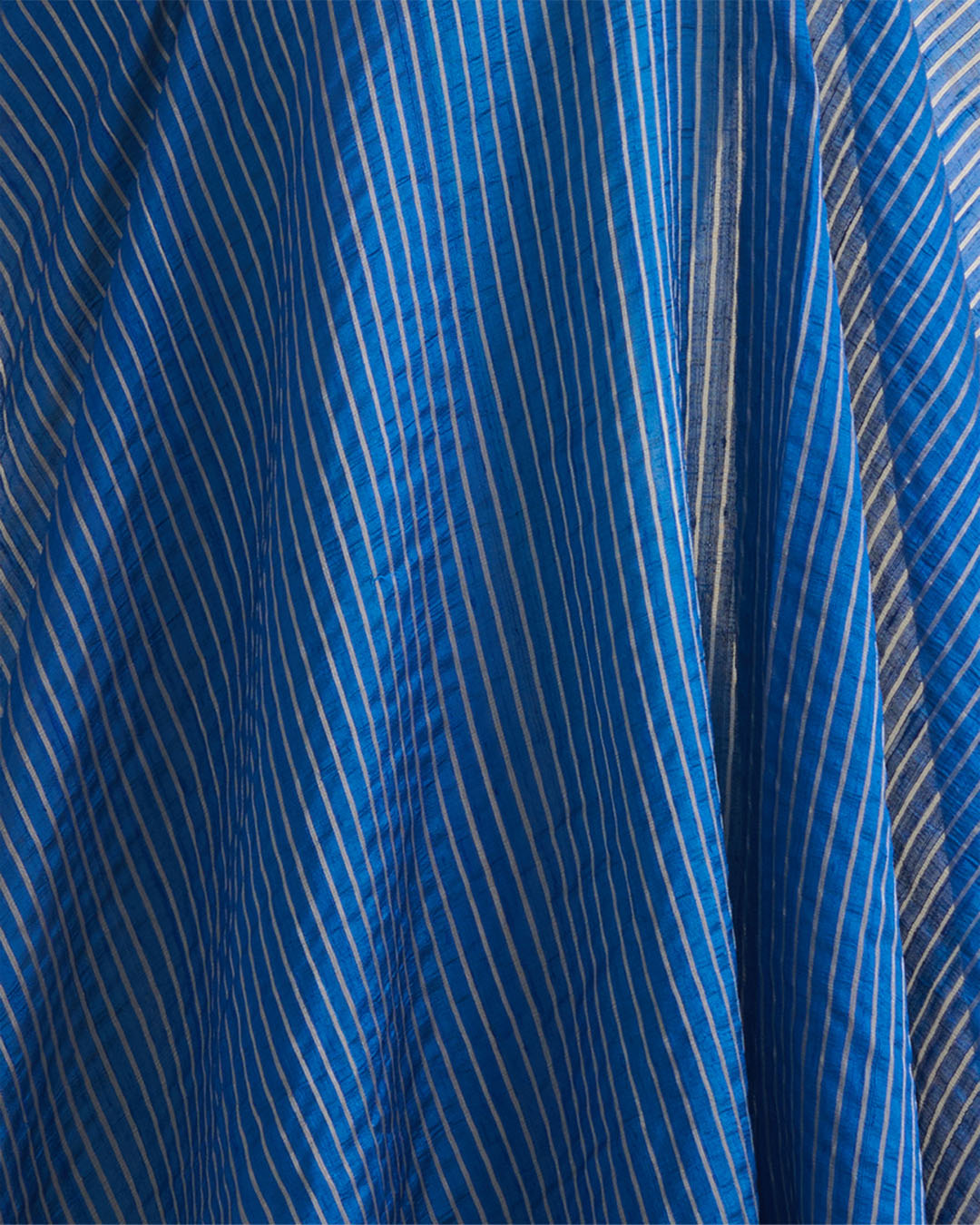 Raw Silk Midnight Blue Fabric with Silver Zari Strips & Satin Border