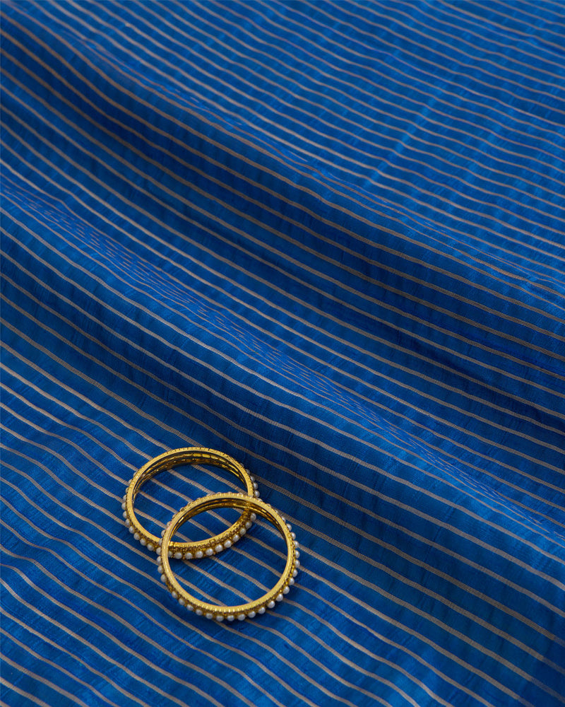 Raw Silk Midnight Blue Fabric with Silver Zari Strips & Satin Border