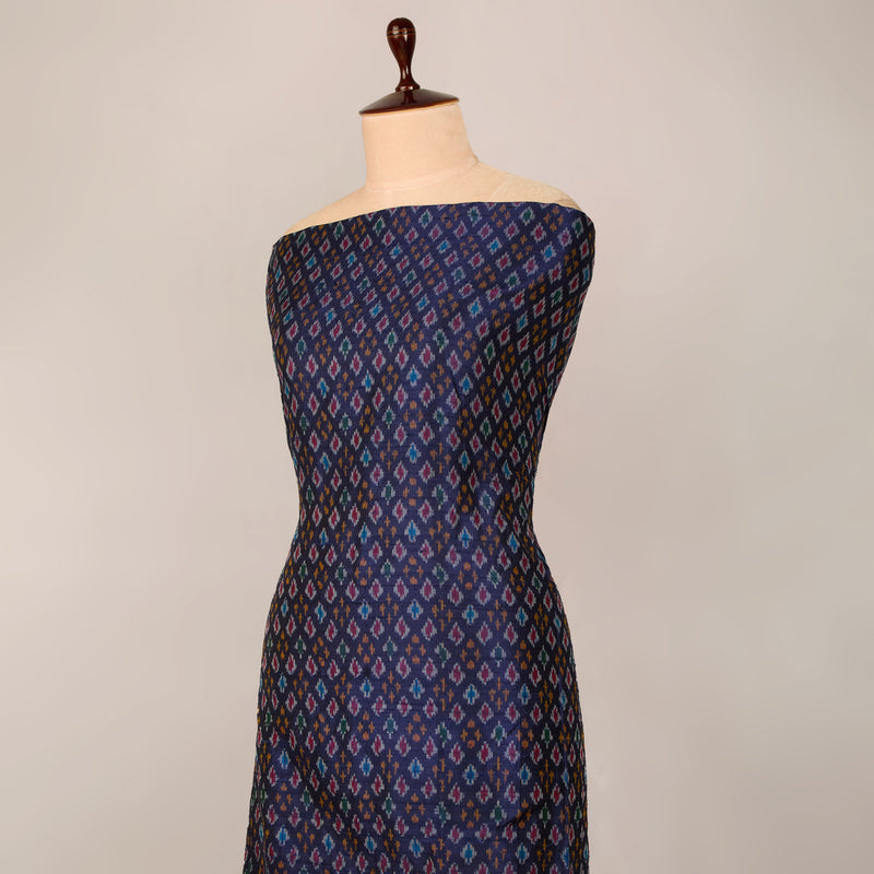 Navy Blue Raw Silk Ikat Fabric