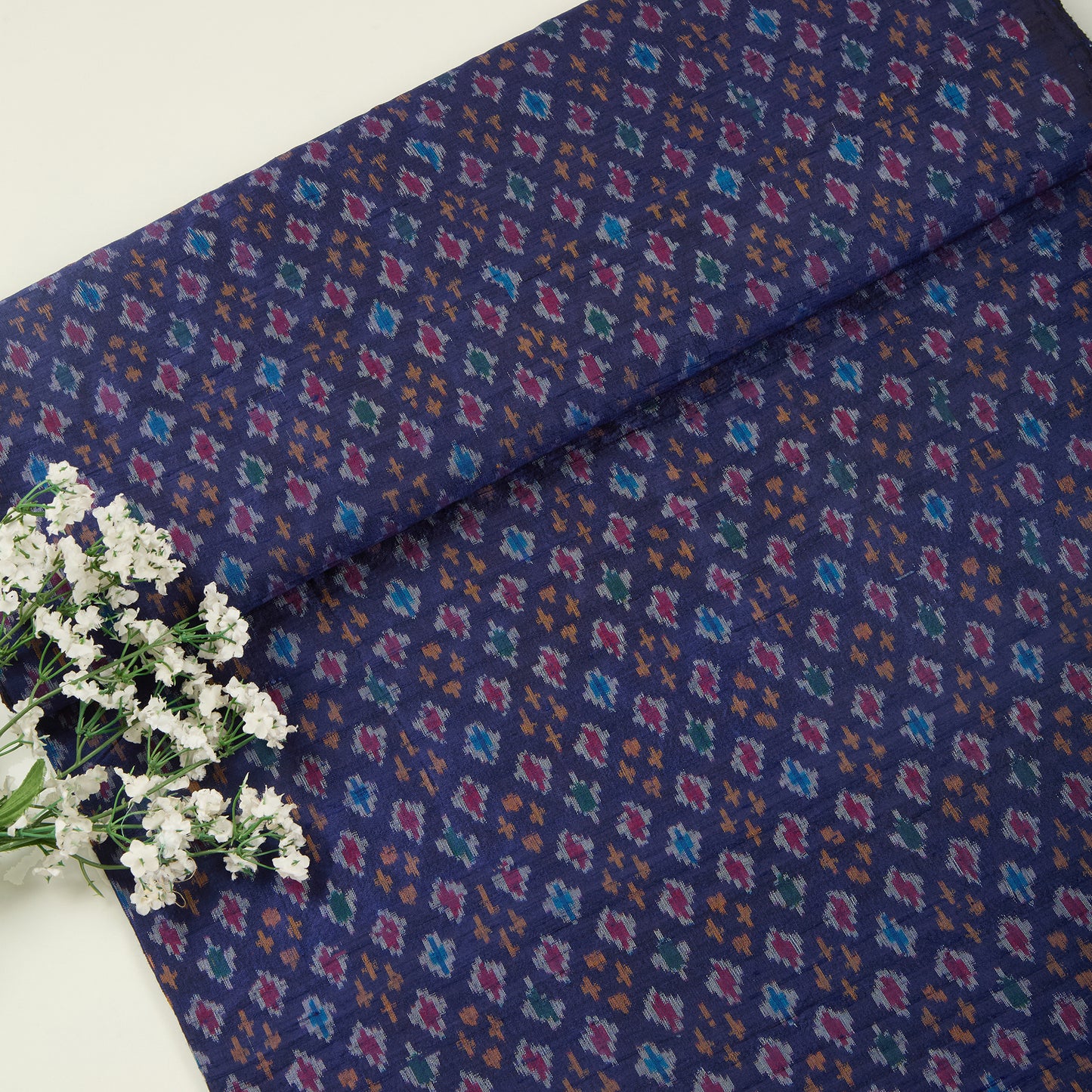 Navy Blue Raw Silk Ikat Fabric