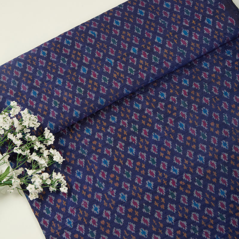 Navy Blue Raw Silk Ikat Fabric