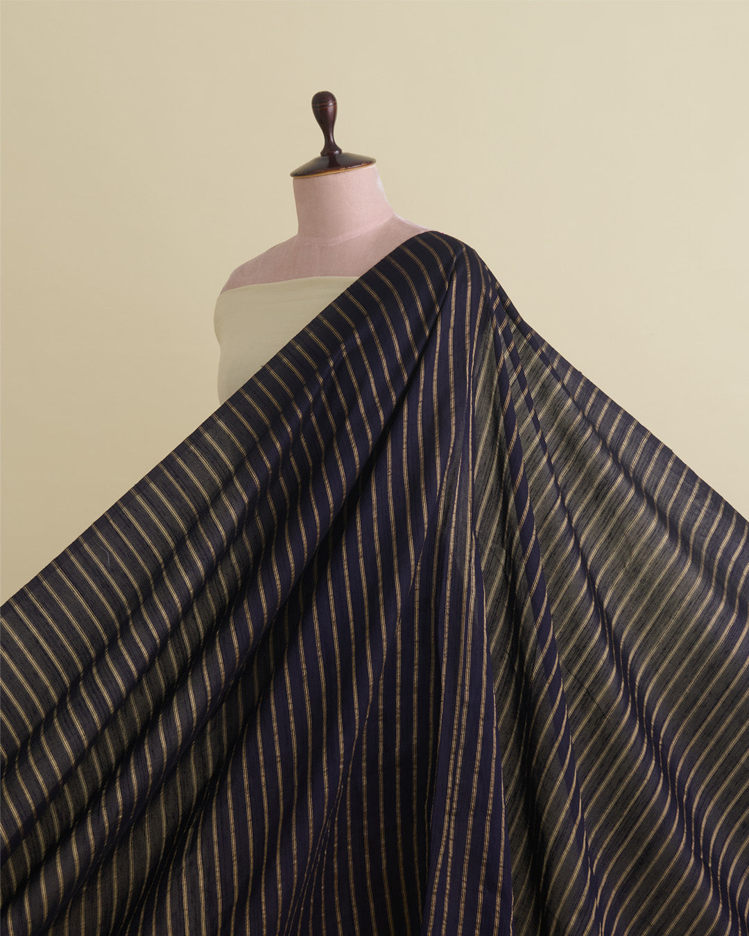 Navy Blue Raw Silk Fabric with Gold Stripes