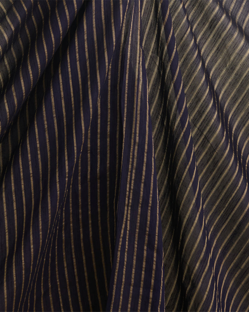 Navy Blue Raw Silk Fabric with Gold Stripes