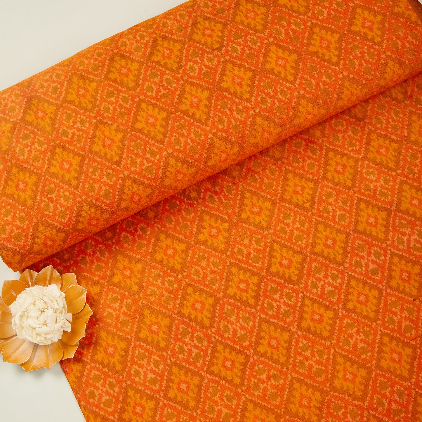 Orange Raw Silk Ikat Fabric