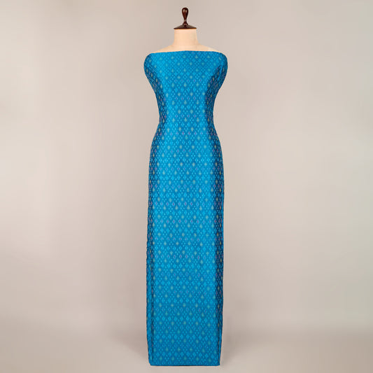 Peacock Blue Raw Silk Ikat Fabric for fashion garments