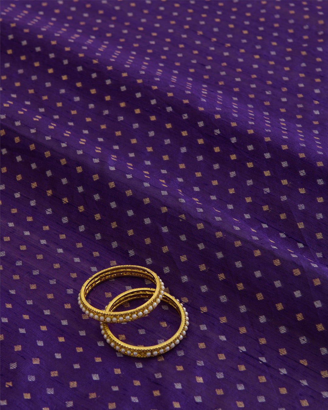 Purple Raw Silk Fabric with Gold & Silver Diamond Weave