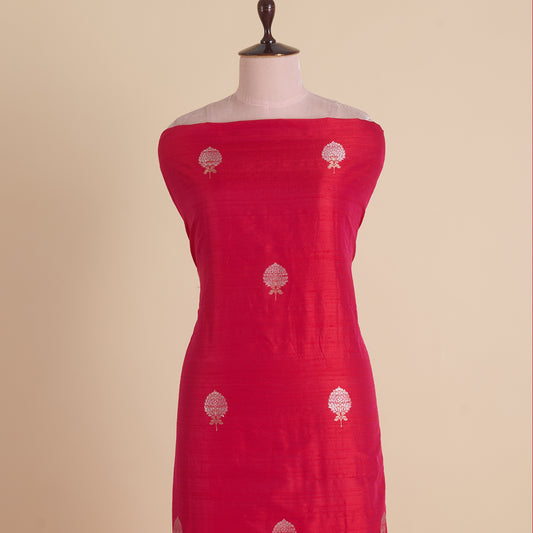 Red Raw Silk Handloom Mina Butta Fabric