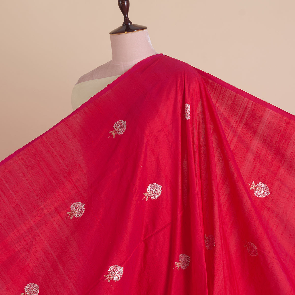Red Raw Silk Handloom Mina Butta Fabric