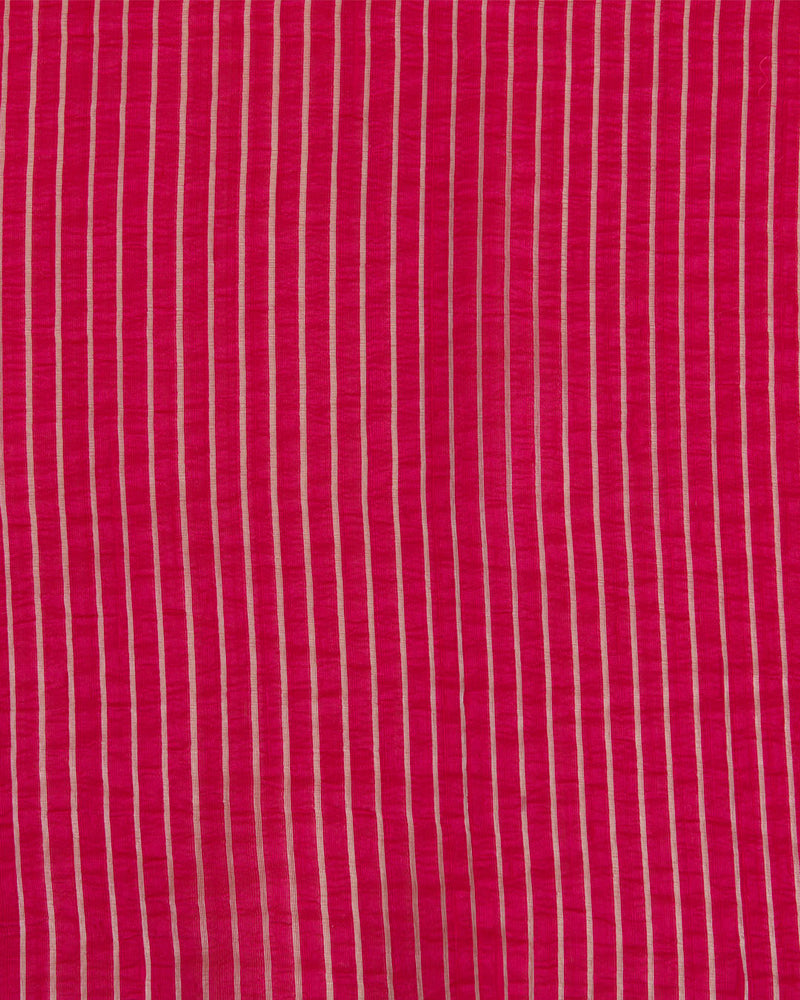 Rani Pink Raw Silk Fabric with Silver Zari Strips and Satin Border