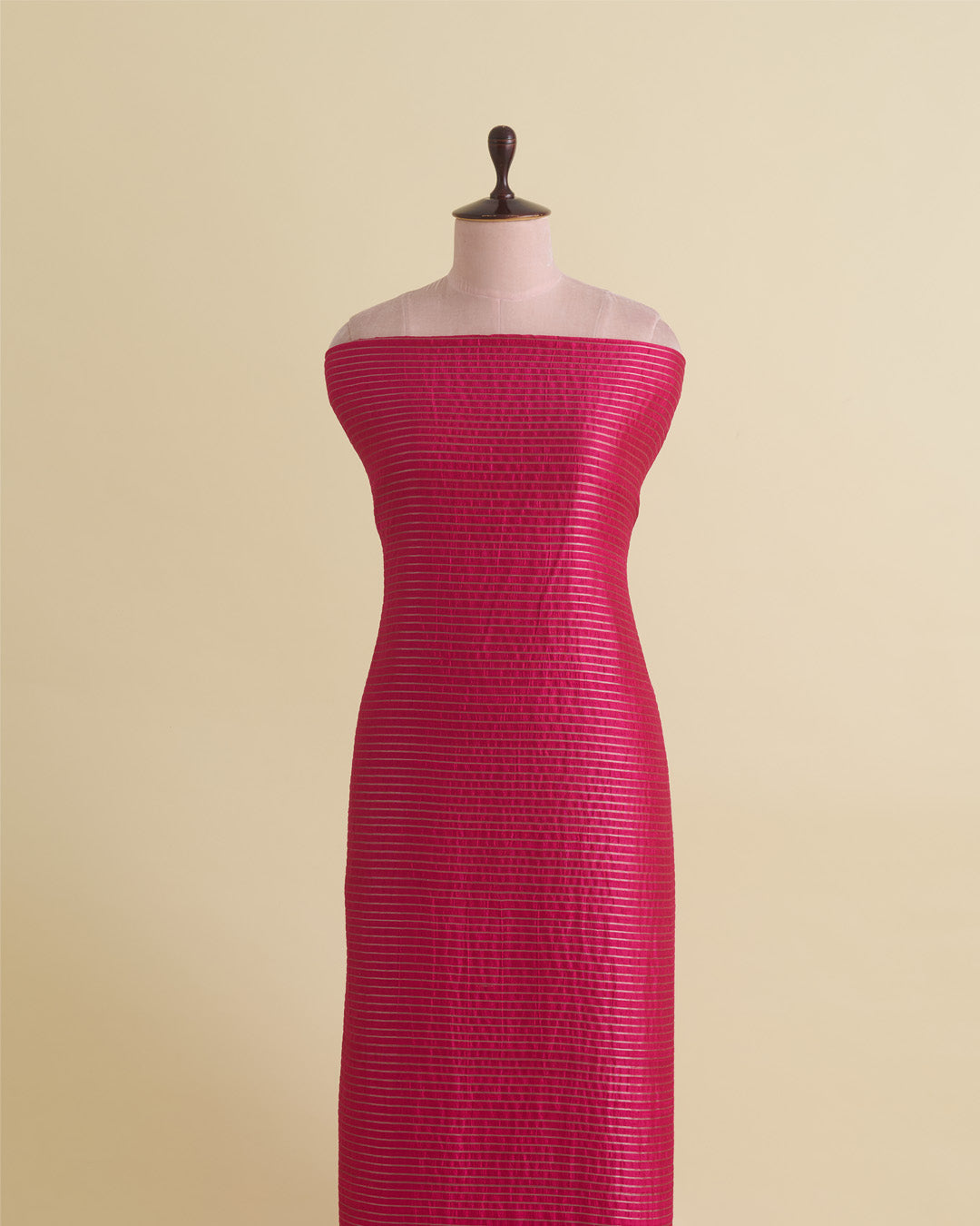 Rani Pink Raw Silk Fabric with Silver Zari Strips and Satin Border