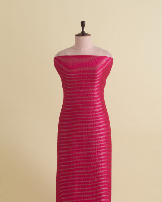 Rani Pink Raw Silk Fabric with Silver Zari Strips and Satin Border