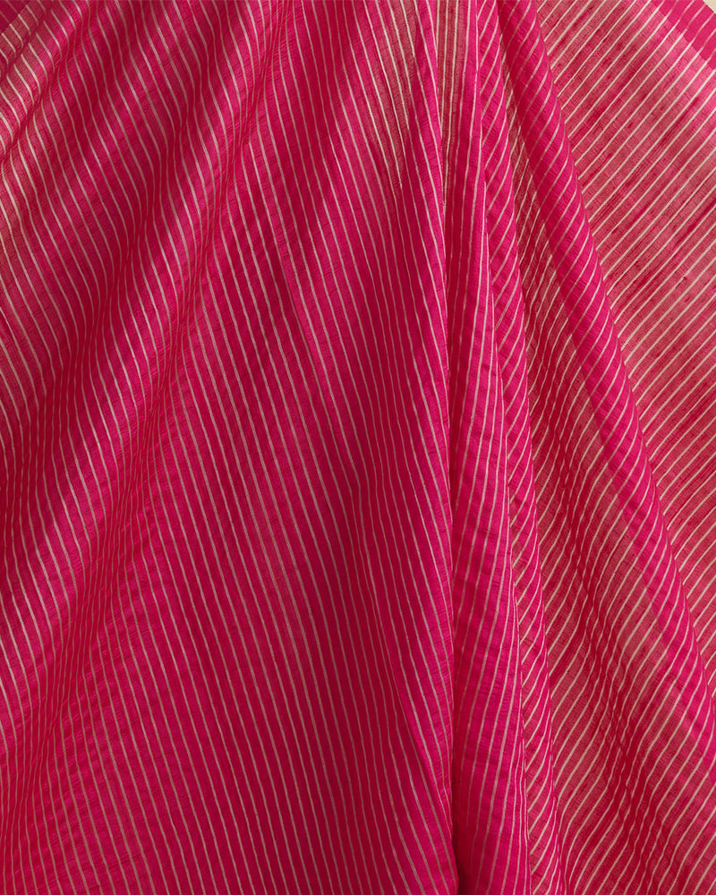Rani Pink Raw Silk Fabric with Silver Zari Strips and Satin Border
