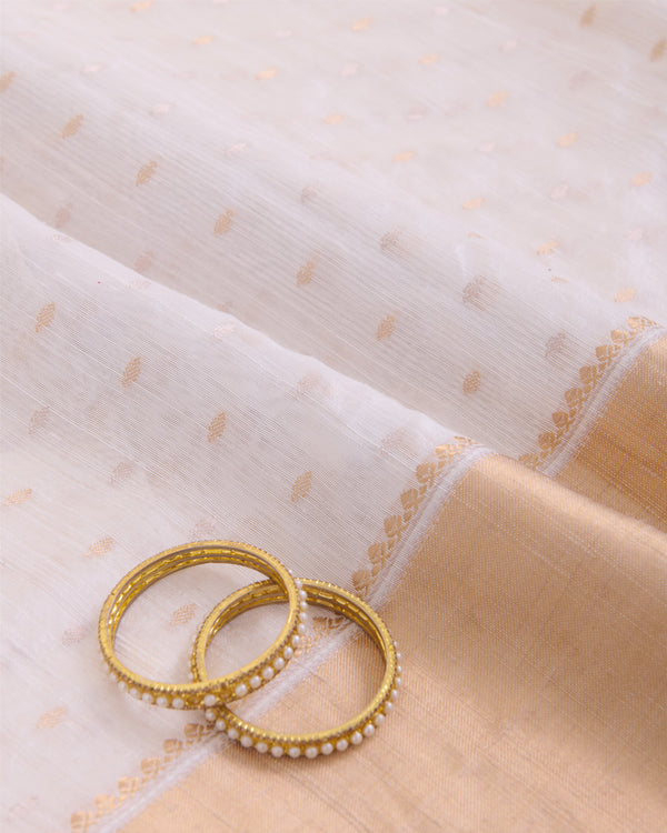 White Raw Silk G/S Buti Fabric with Gold Lagdi Border