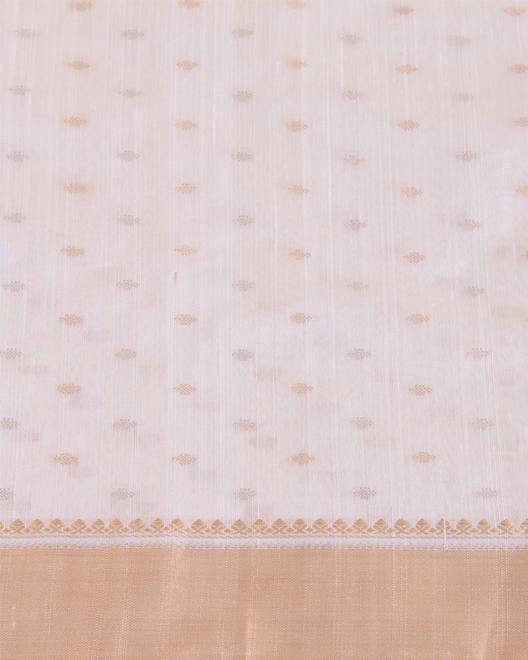 White Raw Silk G/S Buti Fabric with Gold Lagdi Border