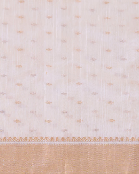 White Raw Silk G/S Buti Fabric with Gold Lagdi Border