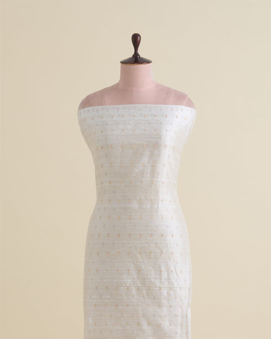 White Raw Silk G/S Buti Fabric with Gold Lagdi Border