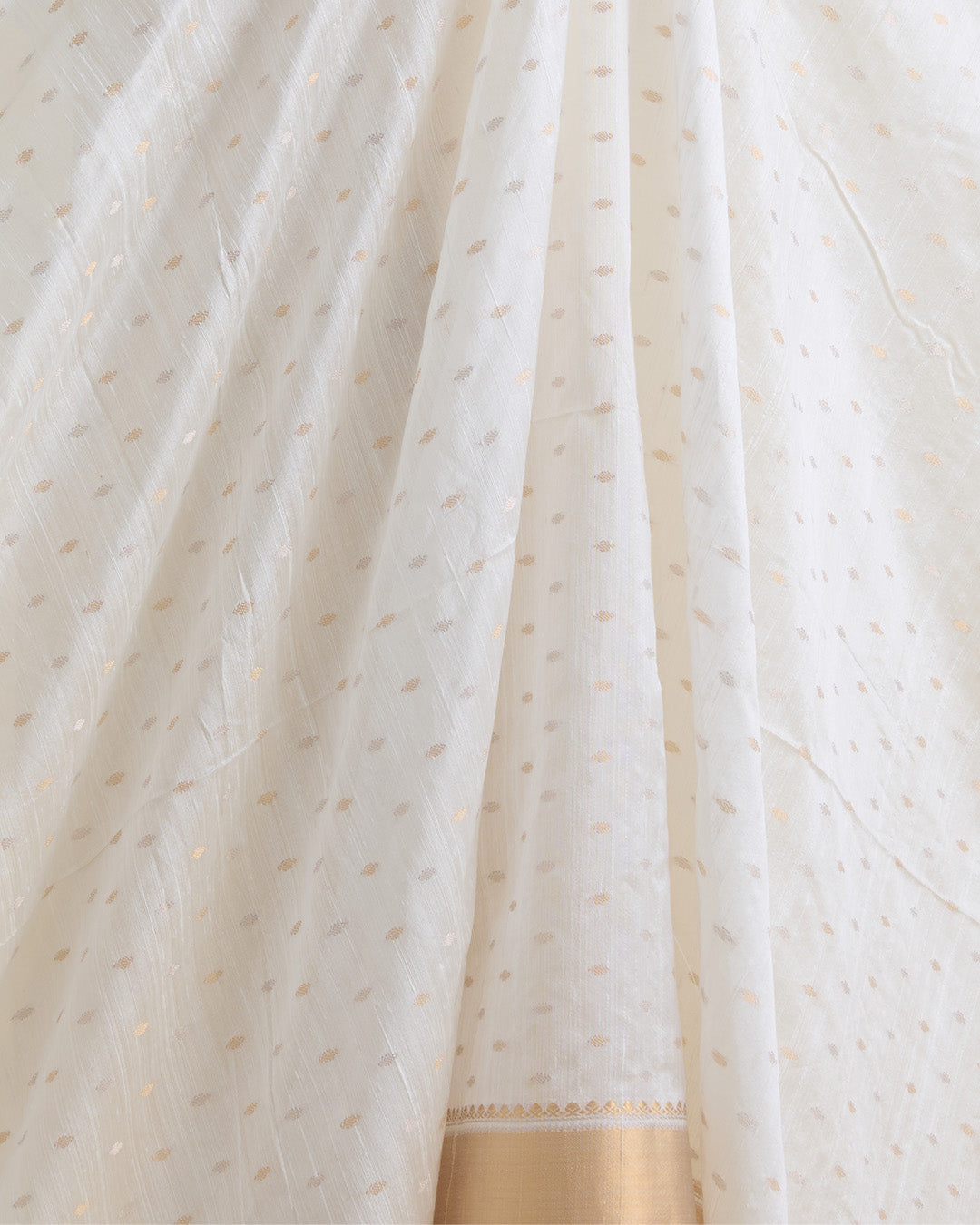 White Raw Silk G/S Buti Fabric with Gold Lagdi Border