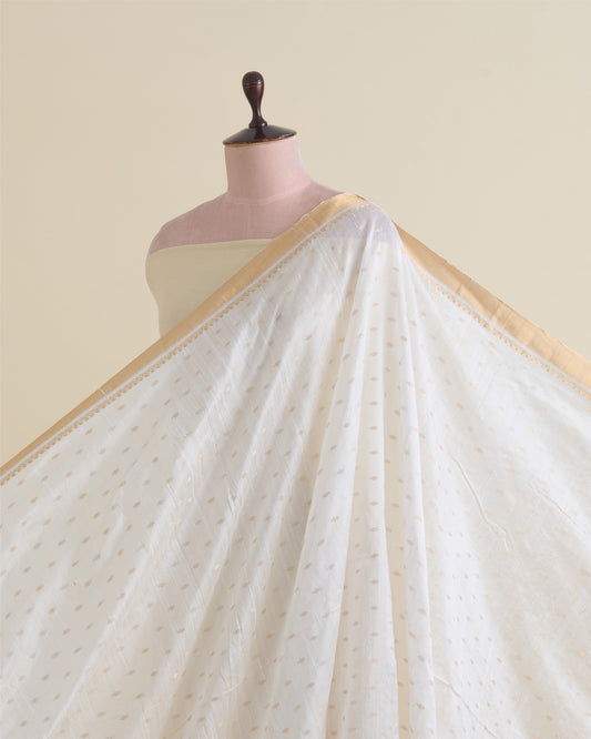 White Raw Silk G/S Buti Fabric with Gold Lagdi Border