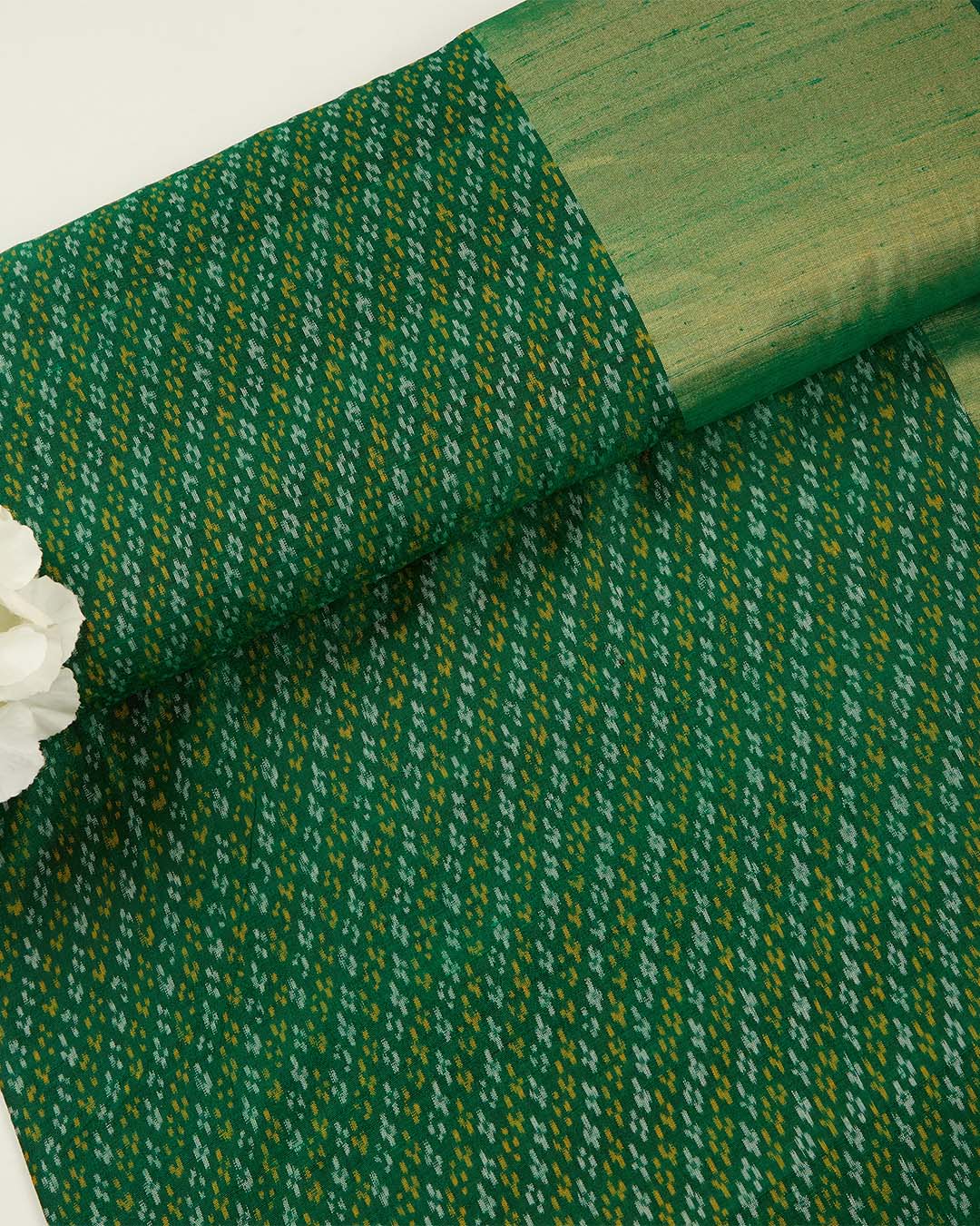 Bottle Green Raw Silk Ikat Suit with Gold Daman Border