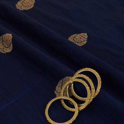 Navy Blue Raw Silk Handloom Mina Butta Fabric