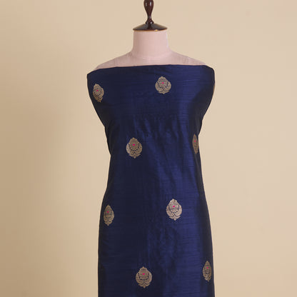 Navy Blue Raw Silk Handloom Mina Butta Fabric