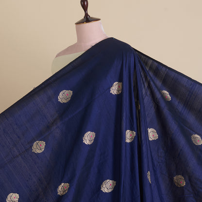 Navy Blue Raw Silk Handloom Mina Butta Fabric