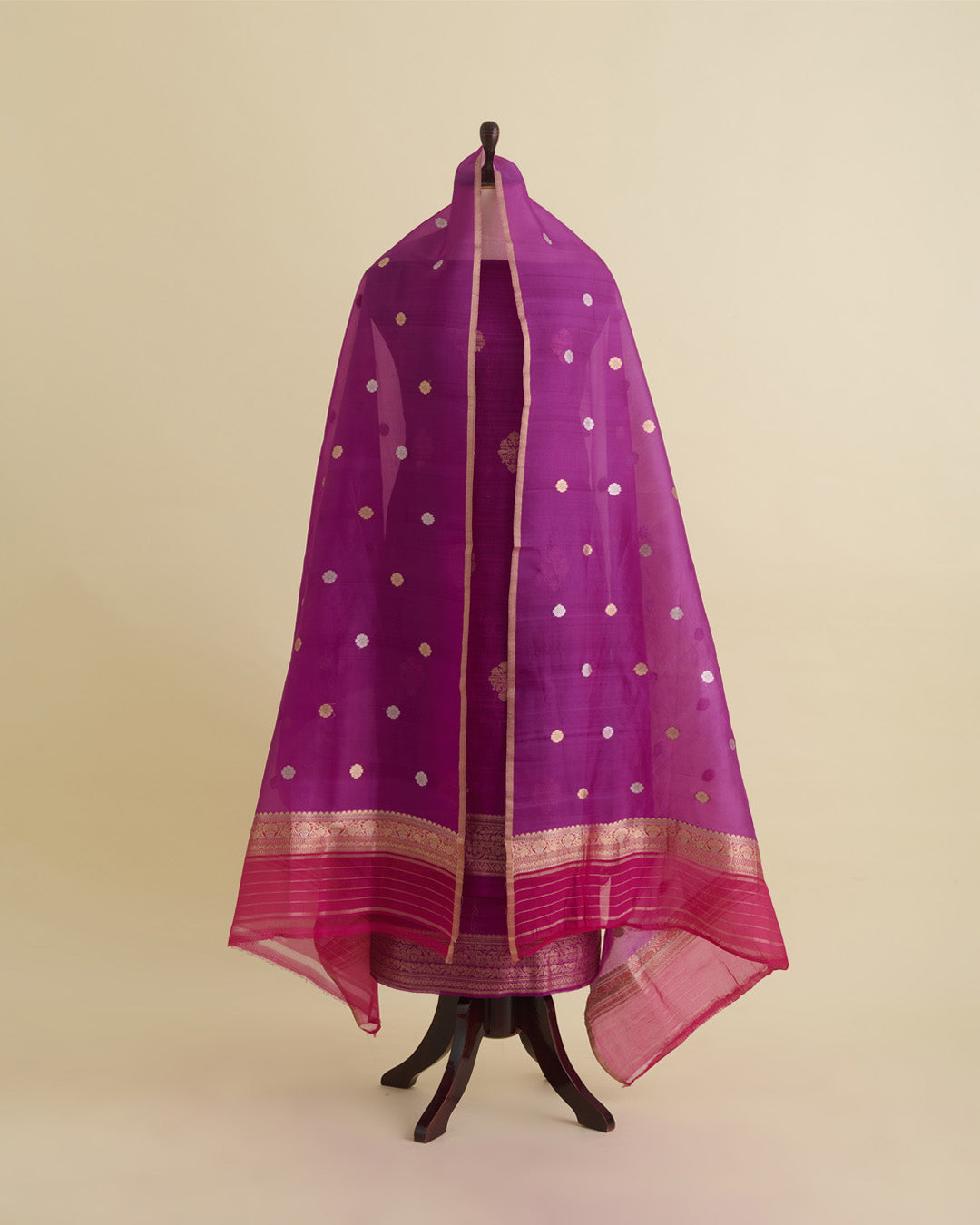 Magenta Raw Silk Suit with Woven Butta Kurta and Organza Dupatta