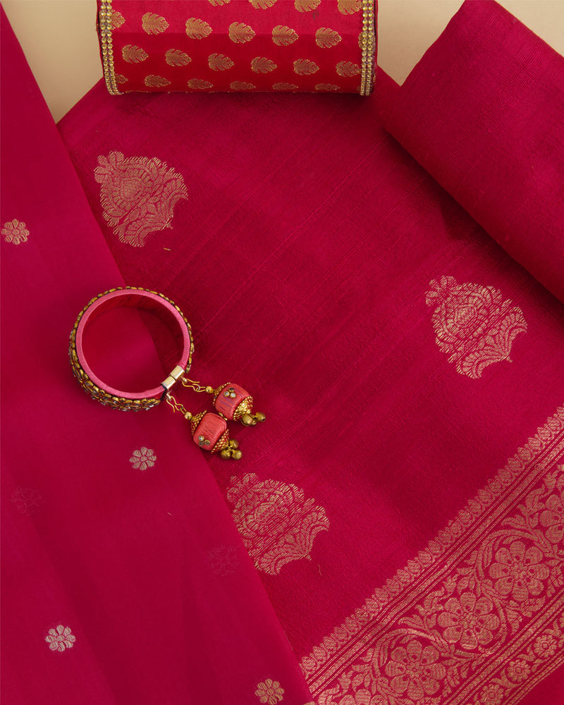 Rani Pink Raw Silk Suit with Woven Butta Kurta and Organza Dupatta