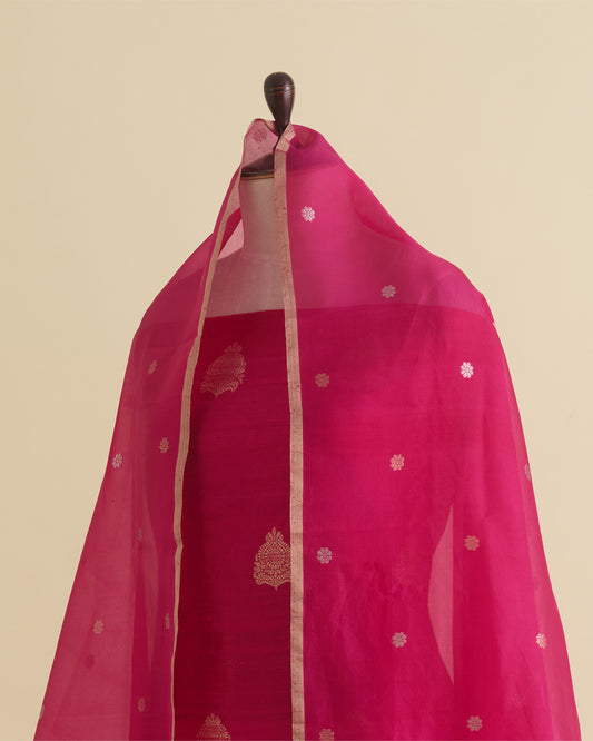 Rani Pink Raw Silk Suit with Woven Butta Kurta and Organza Dupatta