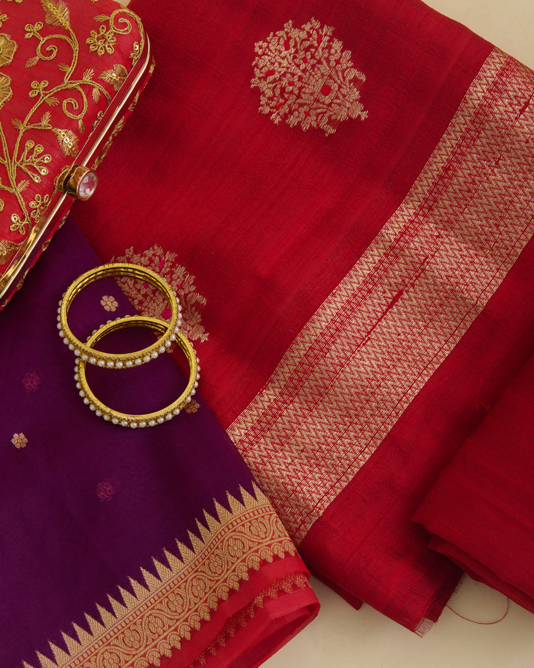 Red Raw Silk Suit with Woven Butta Kurta and Silk Organza Dupatta