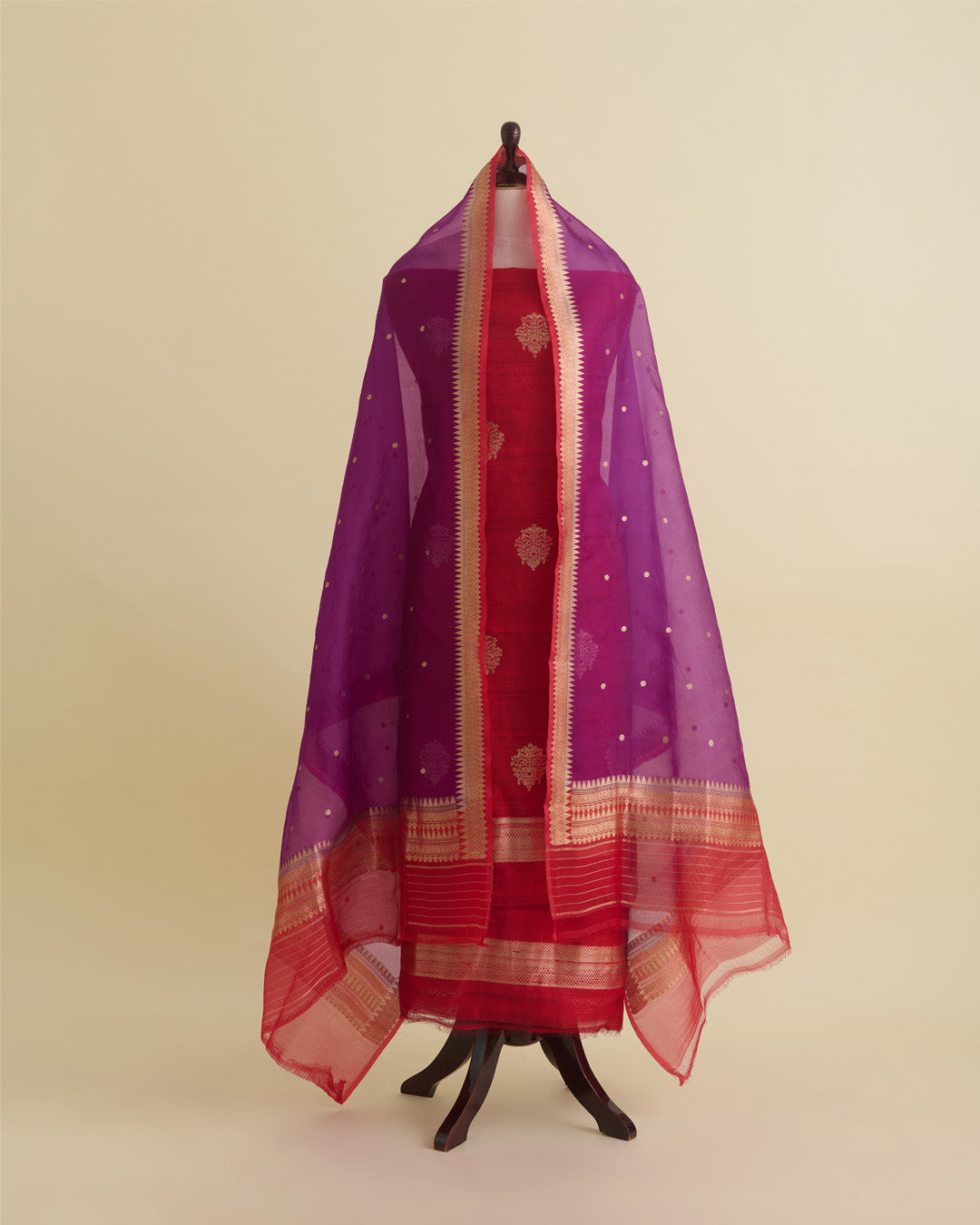 Red Raw Silk Suit with Woven Butta Kurta and Silk Organza Dupatta