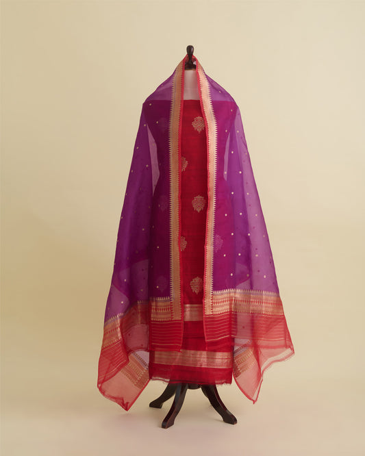 Red Raw Silk Suit with Woven Butta Kurta and Silk Organza Dupatta