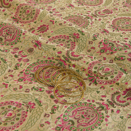 Beige Silk Khinkhab Brocade Minakari Woven Fabric