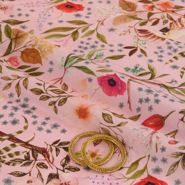 Baby Pink Semi Tussar Silk Floral Fabric