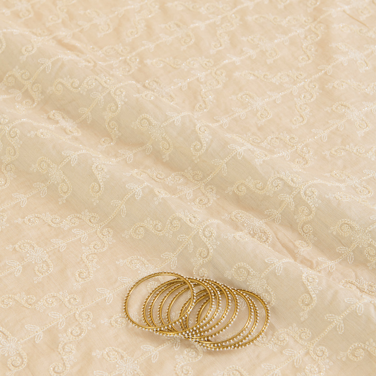 Beige Spun Tussar Thread & Cut-Dana Jaal Embroidered Fabric