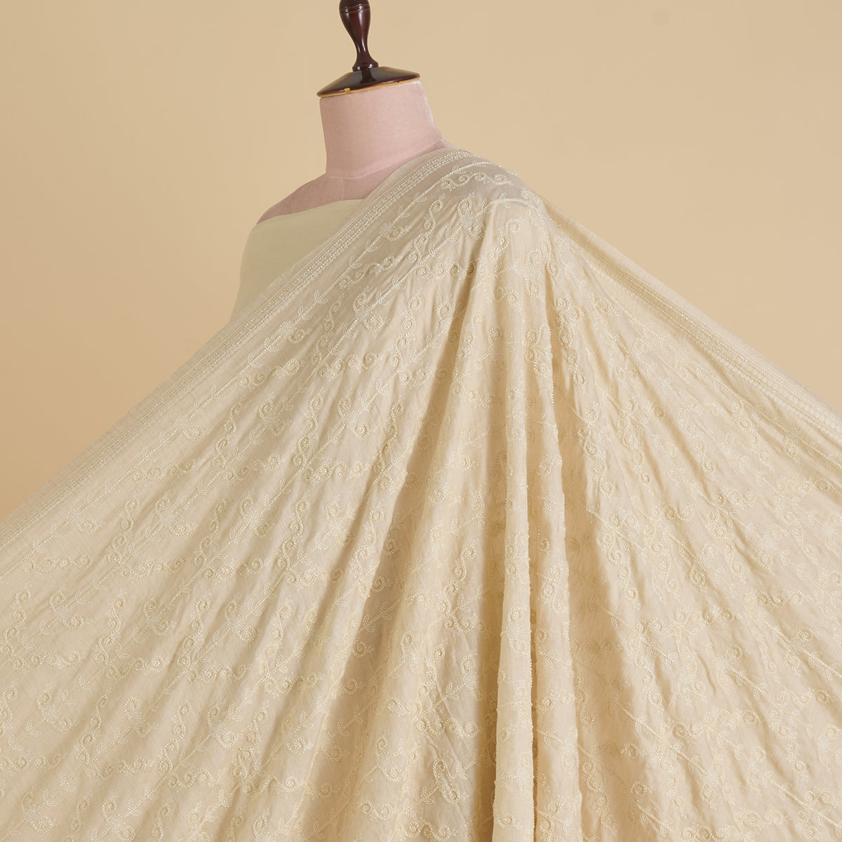 Beige Spun Tussar Thread & Cut-Dana Jaal Embroidered Fabric