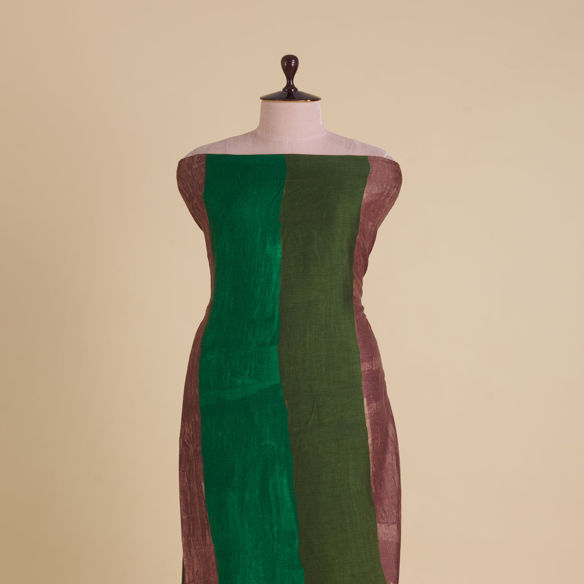 Brown Green Slub Silk Digital Printed Multi Patta Fabric