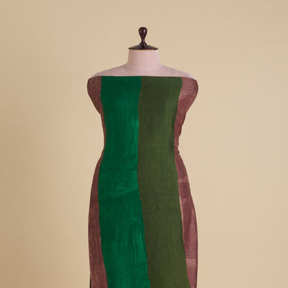 Brown Green Slub Silk Digital Printed Multi Patta Fabric